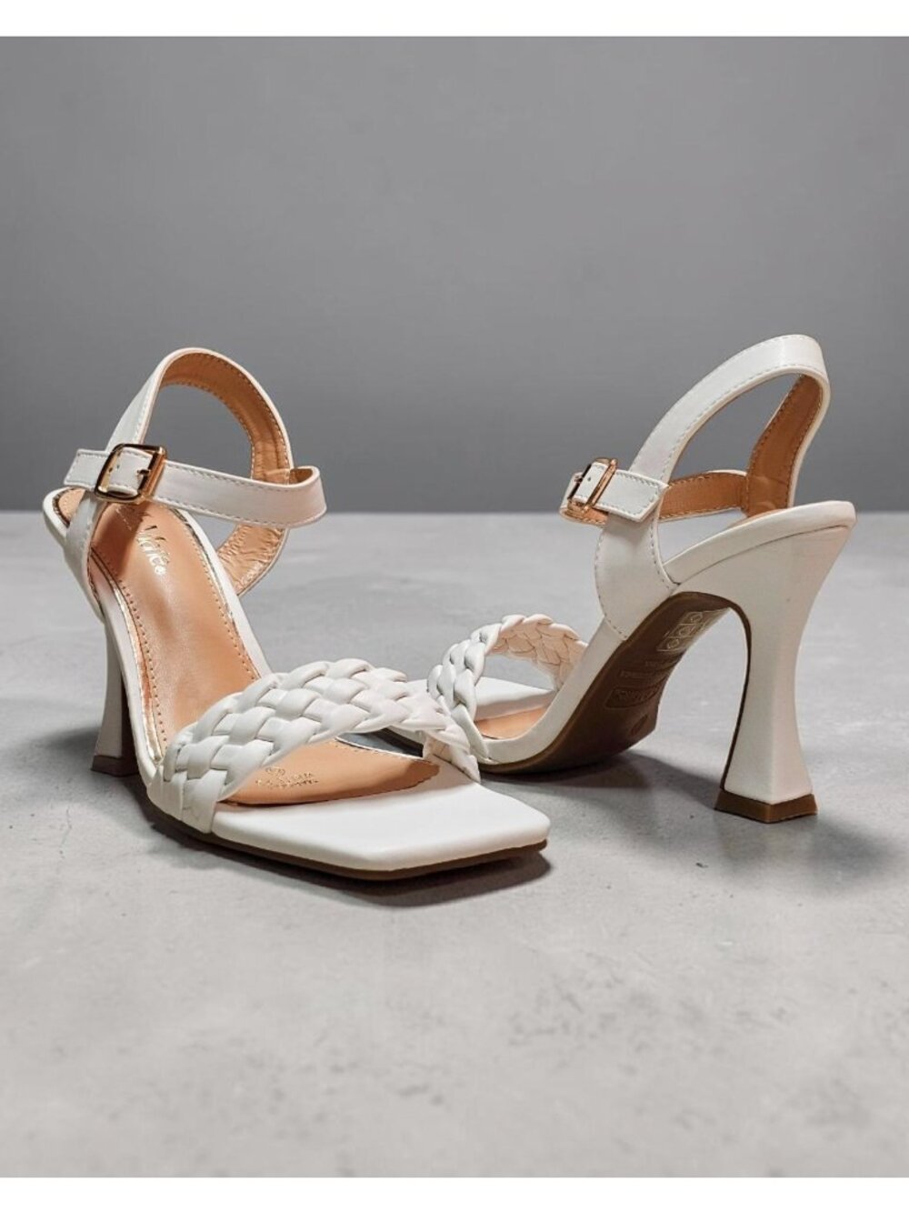 White Braided Strap High Heel Sandals With Square Toe & Adjustable Buckle Closur - Picture 2 of 16